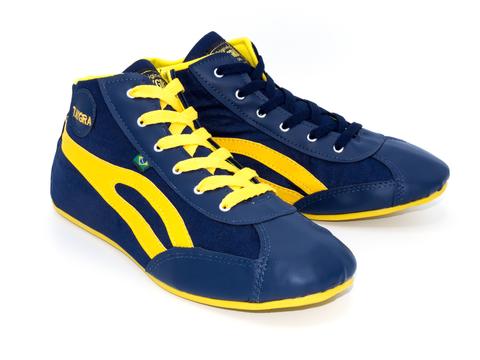 blue and yellow high tops